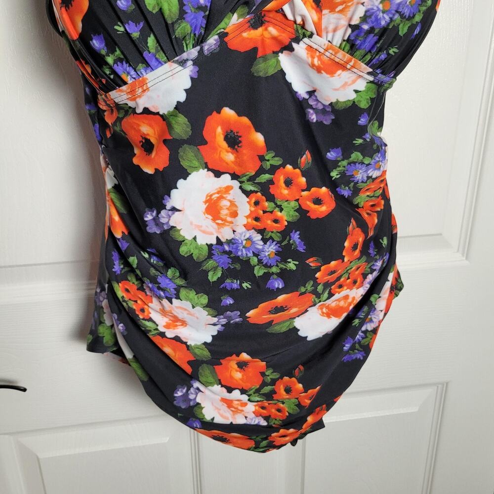 Hilor Swimsuit Womens 16 Black Floral One Piece Padded Adjustable Straps Ruched - Picture 3 of 12